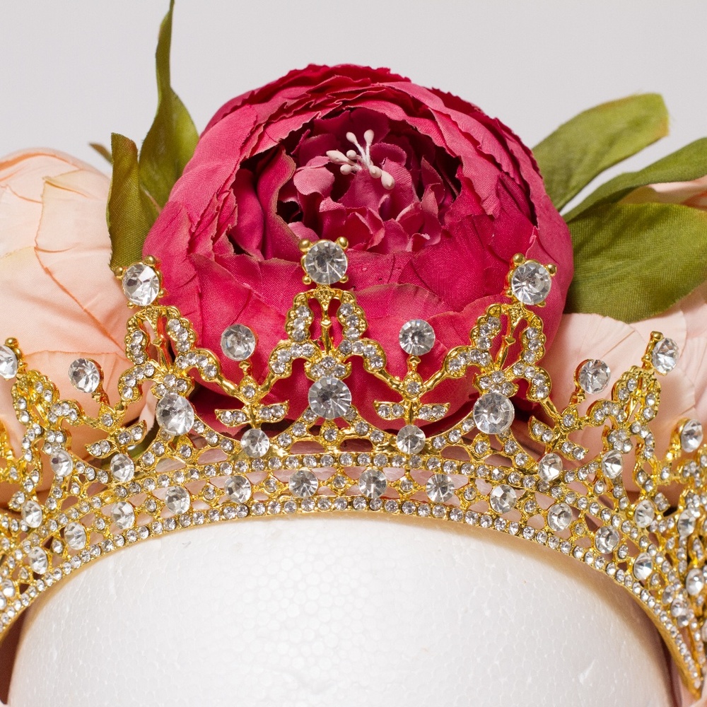 Handmade Pink Flower Rhinestone Gold Crown - Picture 6 of 13
